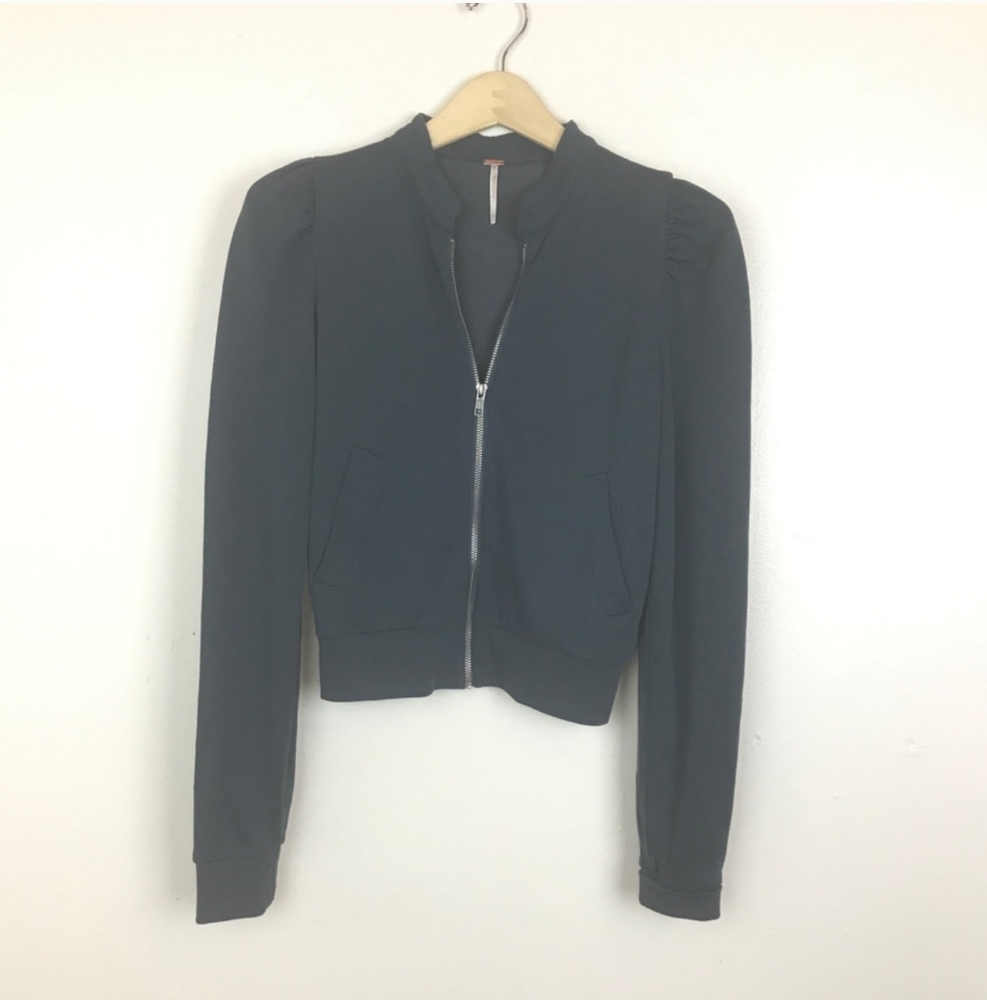 Free People Puff Sleeve Zip Up Jacket Cropped